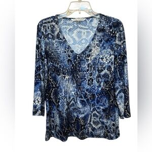 Peter Nygard Animal Print Sequin Blue Patterned Women's Top 3/4 Sleeve Size XL